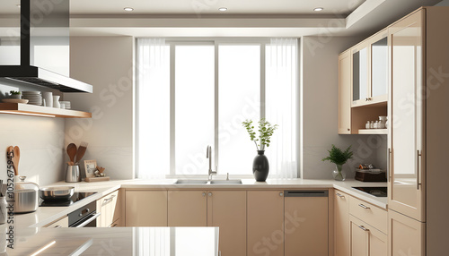 Wallpaper Mural Luxury home kitchen interior with bar counter, cooking cabinet near window isolated with white highlights, png Torontodigital.ca
