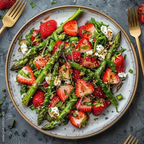 Fresh Strawberry and Asparagus Salad With Goat Cheese and Sesame Seeds