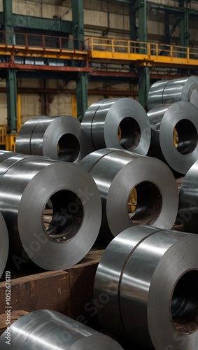 Cold rolled steel coils in a storage area of a steel plant.