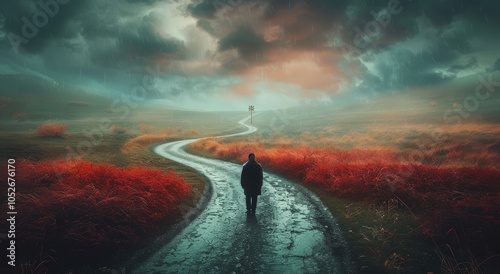 Solitary Figure Walking Down a Winding Road in a Stormy Landscape