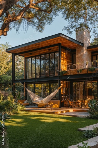 Cozy wooden house with a hammock at dusk surrounded by greenery