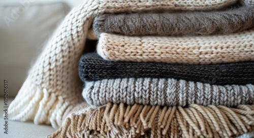 Stack of Knit Blankets With Fringes on a Couch
