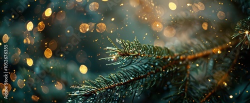 Closeup of Evergreen Tree Branch With Sparkling Lights and Bokeh During Winter