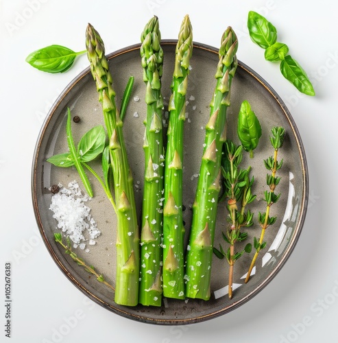 Four Green Asparagus Spears With Salt and Herbs on a Grey Plate