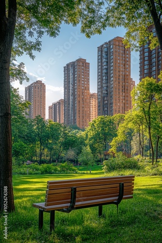 Modern apartment buildings viewed from a green park bench on a sunny afternoon