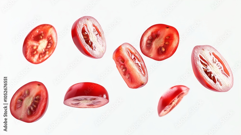 Tomato slices are shown in the air. Concept of freshness and abundance. Tomato slices are shown in the air. Concept of freshness and abundance.