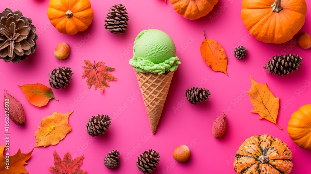 Colorful Autumn Dessert with Green Ice Cream and Seasonal Elements