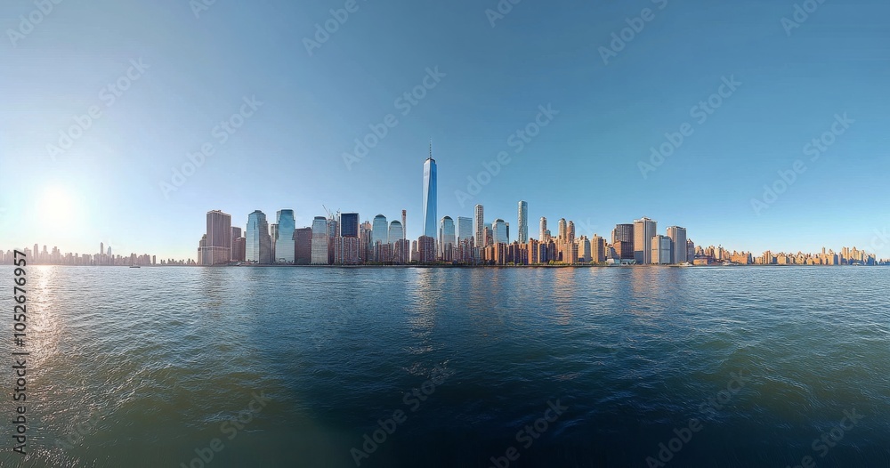 Naklejka premium New York City skyline view from across the water on a clear sunny day