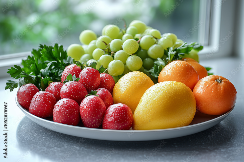 A vibrant plate of fresh grapes, strawberries, and citrus fruit A vibrant plate of fresh grapes, strawberries, and citrus fruit