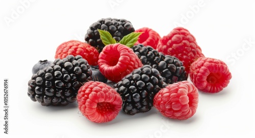 Blackberries and Raspberries on White Background