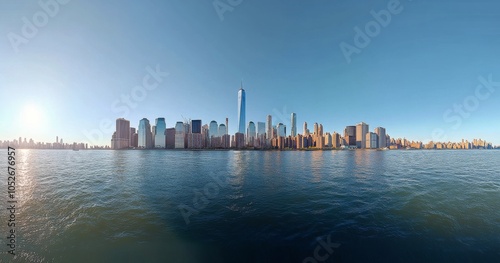 New York City skyline view from across the water on a clear sunny day