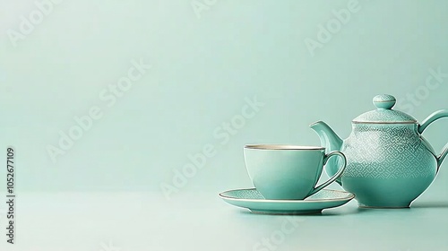 Wallpaper Mural   A teapot with a teacup, two saucers, and three saucers stacked on top of each other Torontodigital.ca