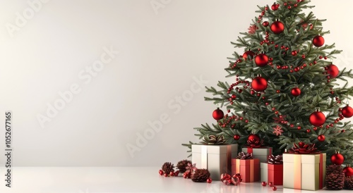 Decorated Christmas Tree With Gifts in Front of a White Wall
