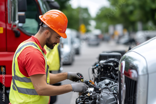 Close-up of a truck engine being serviced by a mechanic in bright sunlight photo