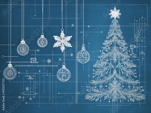 Christmas tree blueprint on blue background	