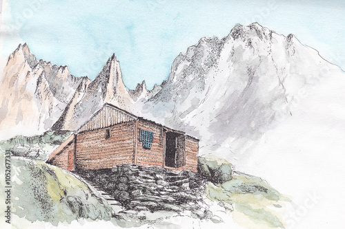 Watercolour painting of a mountain hut in the mountains