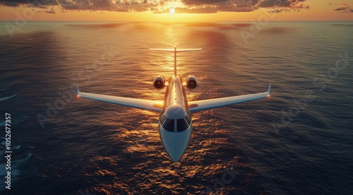 Private Jet Flying Over the Ocean at Sunset