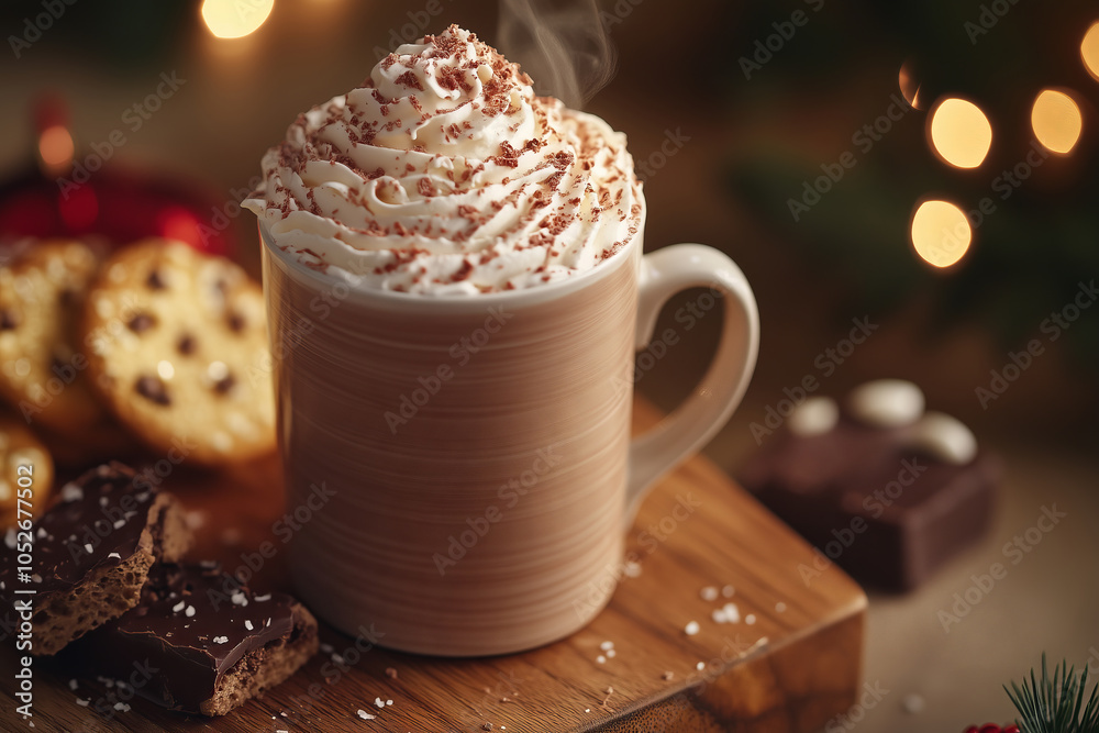A cozy corner with a steaming cup of hot chocolate and festive treats A cozy corner with a steaming cup of hot chocolate and festive treats