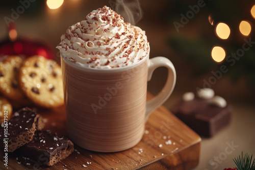 A cozy corner with a steaming cup of hot chocolate and festive treats