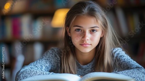 Young woman studying intently in a cozy library during the afternoon