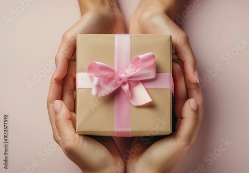 Close Up Of Two Hands Holding A Pink Gift Box With A Bow