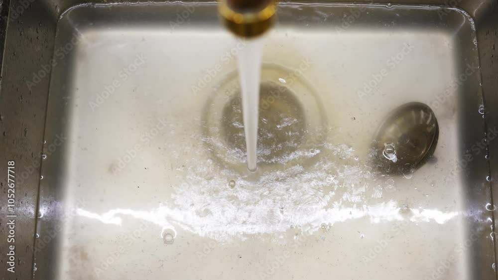 A clogged metal kitchen sink. Water does not drain into the water supply due to blockage. A clogged metal kitchen sink. Water does not drain into the water supply due to blockage.