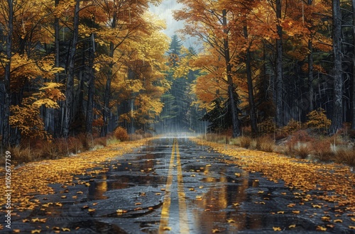 Rainy Autumn Road Through a Forest of Golden Leaves