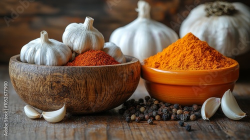 Fresh garlic and vibrant turmeric powder arranged on a wooden table with spices