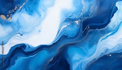 Mesmerizing marble effect created with luxurious swirling blue and gold pigments in fluid art, ideal for backgrounds and design projects