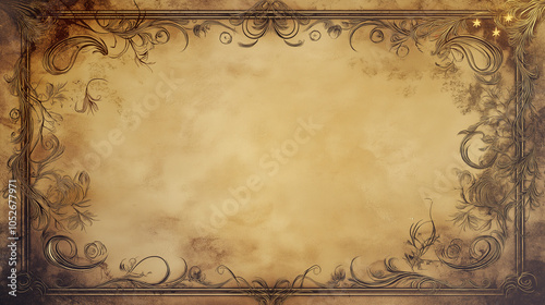 Ornate vintage parchment with intricate floral frame and sepia tones