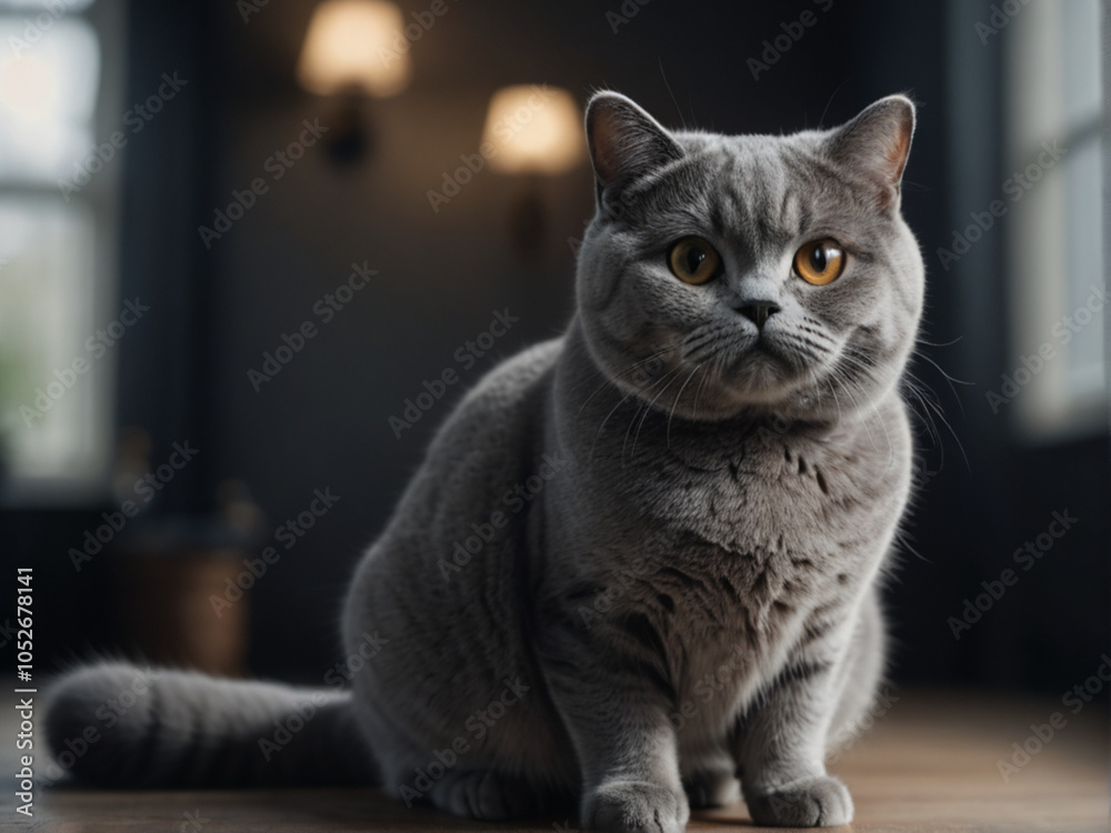 British Shorthair Cat with Blue-Gray Fur - Close-Up Portrait of an Elegant Domestic Feline British Shorthair Cat with Blue-Gray Fur - Close-Up Portrait of an Elegant Domestic Feline