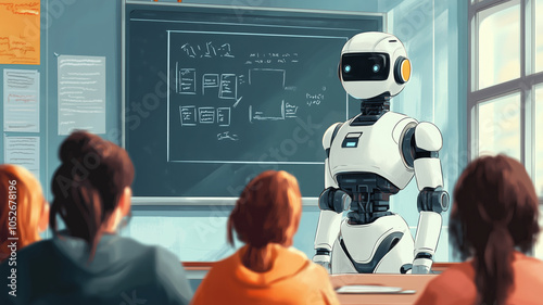 An educator engages students with a teaching robot in a modern classroom