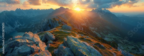 Sunset Over Mountain Ridge With Golden Hour Light