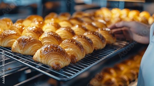 Freshly baked croissants being removed from the oven in a bakery kitchen