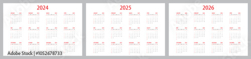 Vector illustration of calendars for 2024, 2025 and 2026, week starts on Sunday