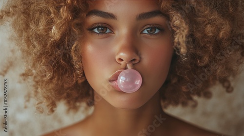 Young woman blowing pink bubblegum against a textured beige background