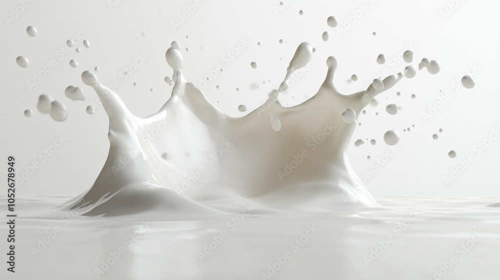 A splash of milk is shown in a white background. The splash is large and covers a significant portion of the image A splash of milk is shown in a white background. The splash is large and covers a significant portion of the image