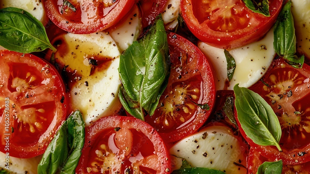 Arranged on pizza dough is tomatoes, mozzarella, fresh basil, and basil leaves Arranged on pizza dough is tomatoes, mozzarella, fresh basil, and basil leaves