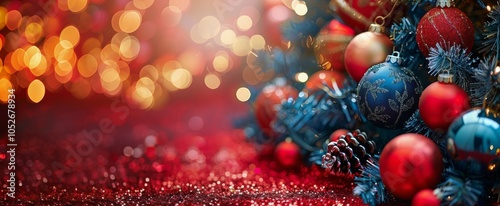 A Decorated Christmas Tree With Red And Blue Ornaments