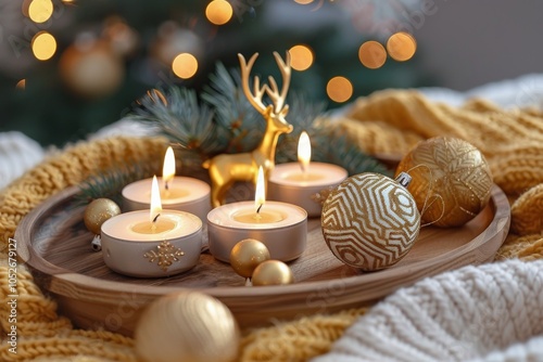 Golden Christmas Decorations and Candles on Wooden Tray