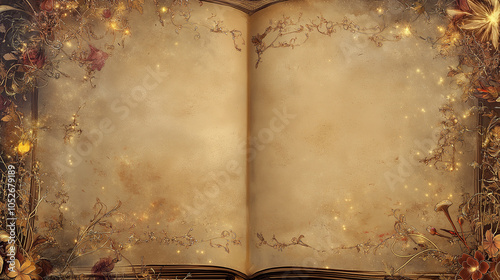 Open magical book on vintage parchment with floral border