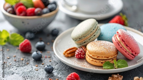 Colorful Macarons With Fresh Berries and Pecans on a Plate