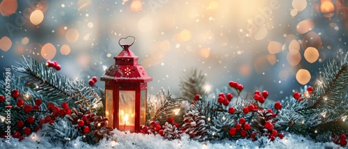 A Red Lantern Amidst Snowy Evergreen Branches With Red Berries