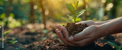 Hands Holding a Young Plant With Soil in a Green Garden Setting