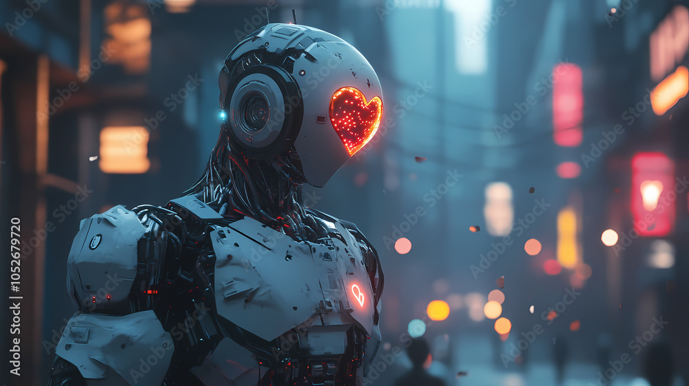 Cyber warrior with heart light representing the convergence of human emotions and robotic enhancements in a dystopian setting. Robotic Warriors. Illustration Cyber warrior with heart light representing the convergence of human emotions and robotic enhancements in a dystopian setting. Robotic Warriors. Illustration