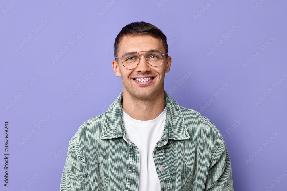 Fototapeta premium Smiling man with dental braces on violet background