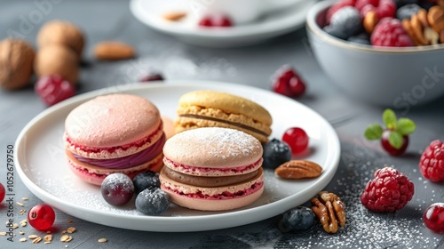 Colorful Macarons With Fresh Berries and Pecans on a Plate