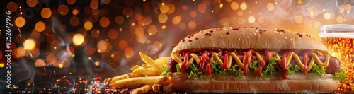 Close Up of Hot Dog With Mustard and Chili, Served With French Fries, Against...