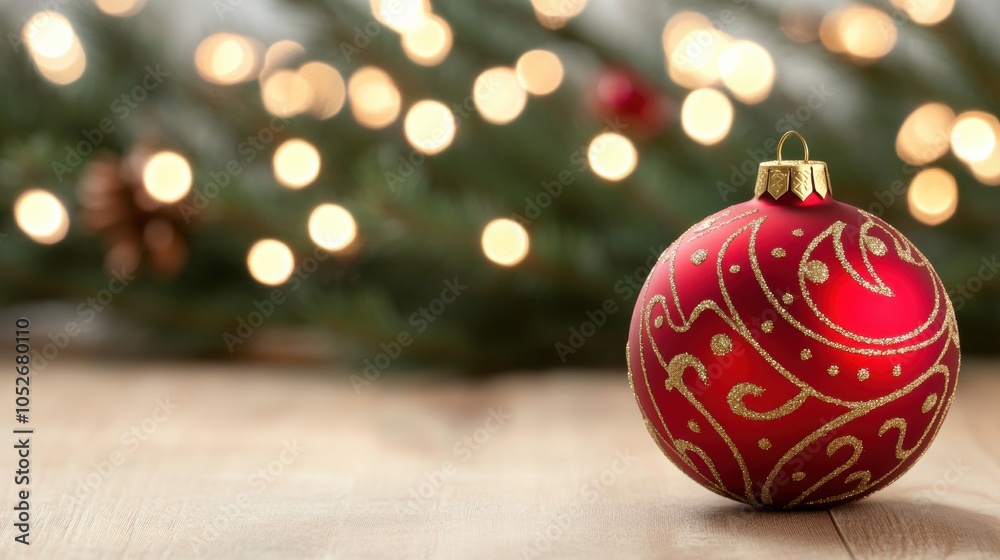 Red Christmas ornament with golden swirls on a wooden table, AI Red Christmas ornament with golden swirls on a wooden table, AI