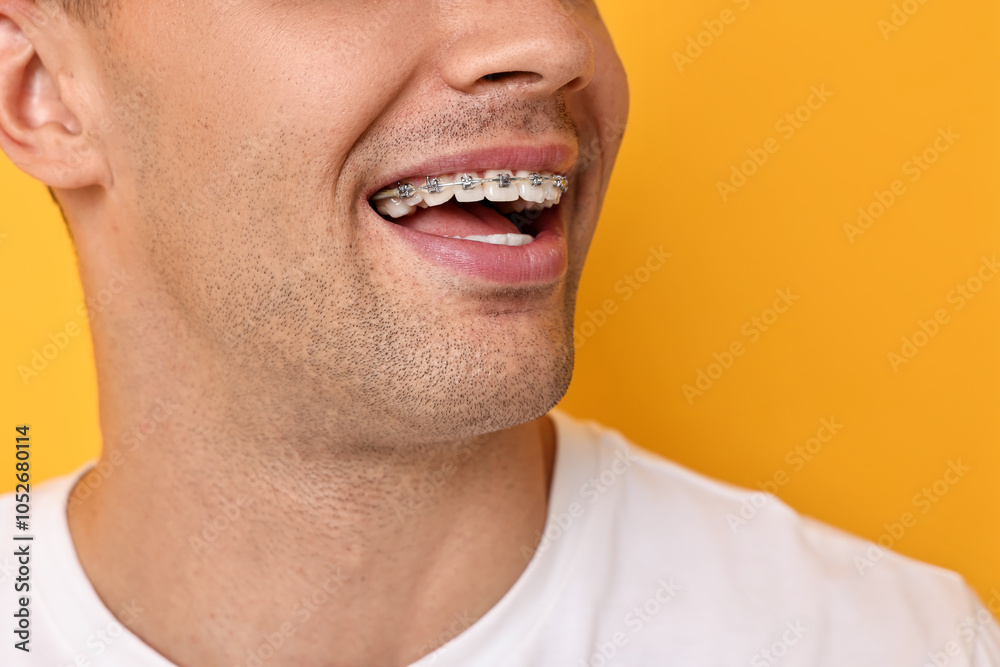 Fototapeta premium Happy man with dental braces on yellow background, closeup